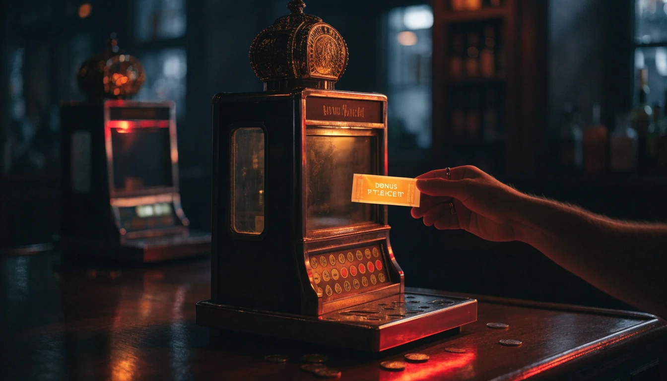 Classic slot machine in a British pub with a glowing bonus ticket