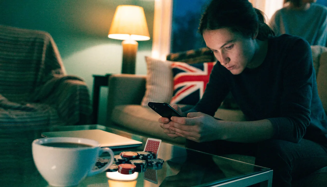Person holding a smartphone in a cozy British living room with casino chips nearby