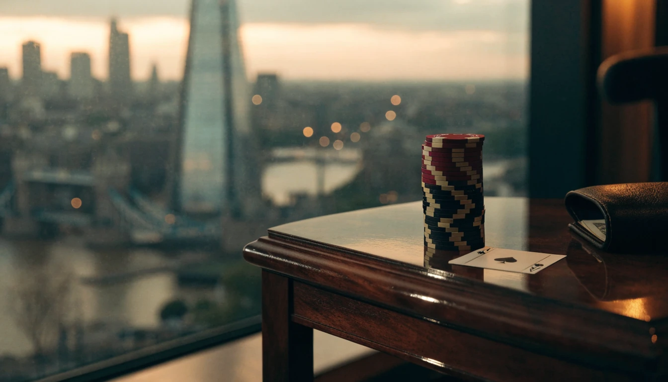Stacked casino chips and an ace card on a mahogany table with London skyline at dusk.