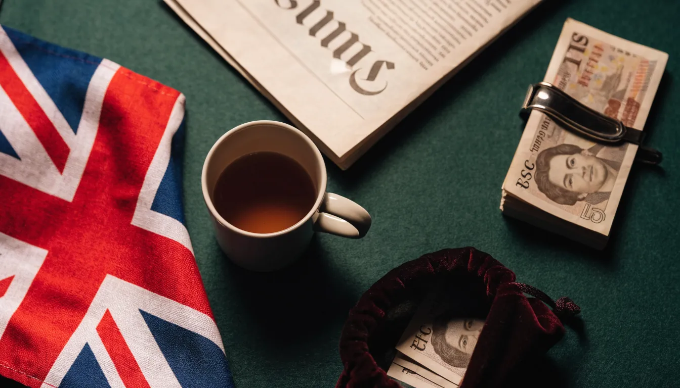 Flat-lay of British items and cash on a casino felt suggesting UK no-wagering sign-up bonuses