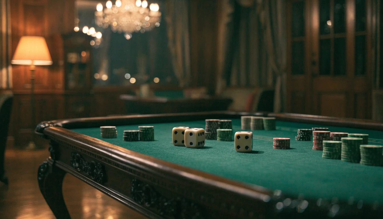 Premium craps table with stacked chips and white dice in an elegant UK casino setting.