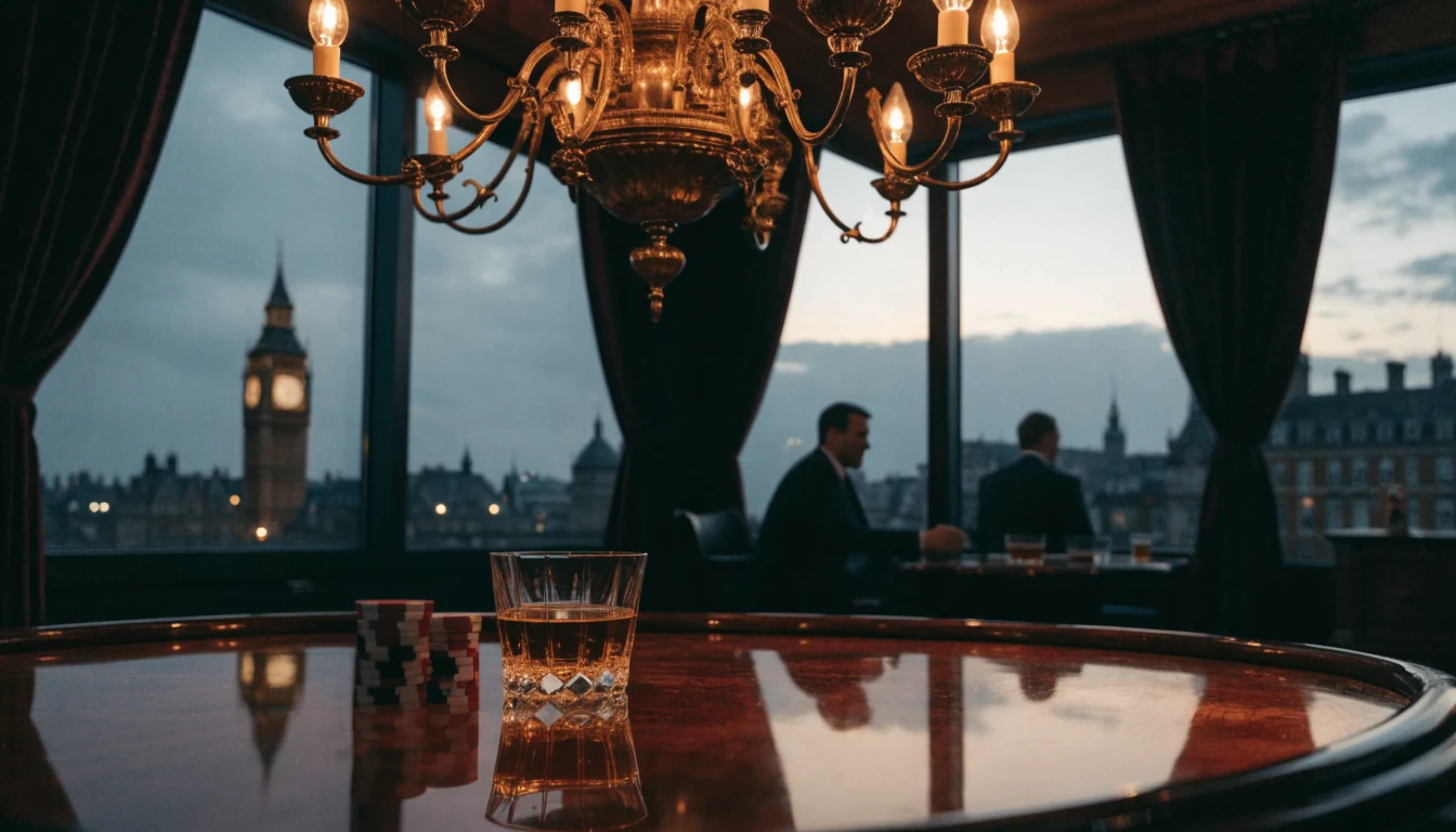 Elegant London casino lounge with chips, whiskey, and city skyline view