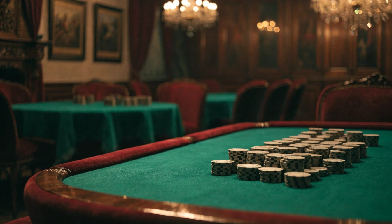Moody British casino lounge with empty card table and stacked chips