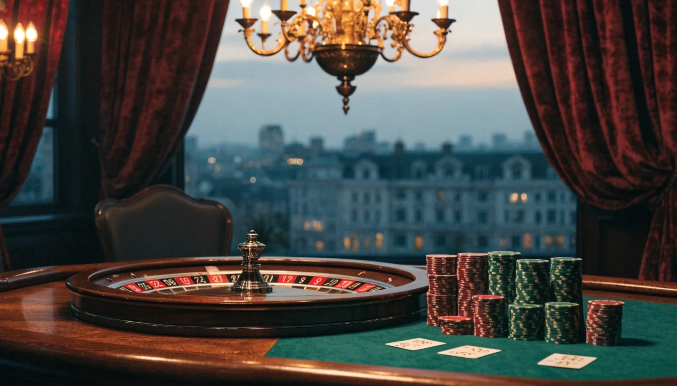 Elegant British casino interior with roulette wheel, chips, and cards on a mahogany table, London skyline at dusk.