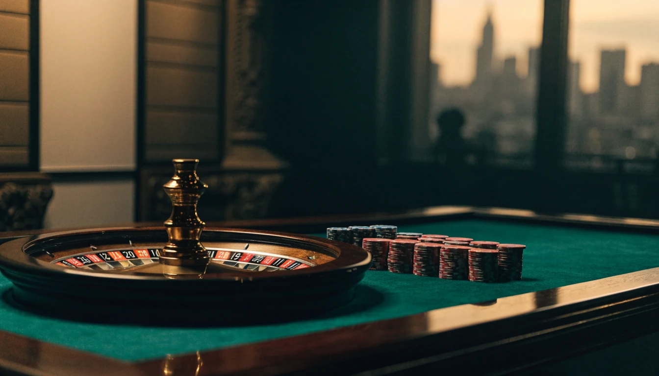Elegant live casino studio with green-felt roulette table, brass wheel, and colorful chips under warm lighting.