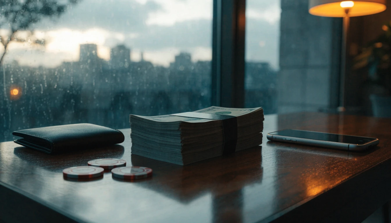 British pounds and casino chips on a table beside a face-down phone at dusk