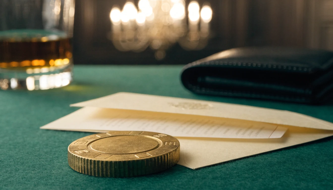 Golden casino chip and welcome envelope on green felt in an elegant British club setting