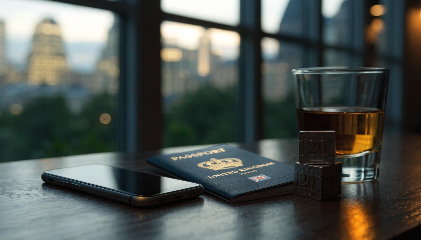 Smartphone on a table beside a UK passport, casino chips, and whiskey glass with a European city skyline at dusk.