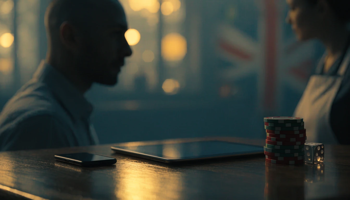 Smartphone and tablet on a dark table with casino chips, British online casino atmosphere