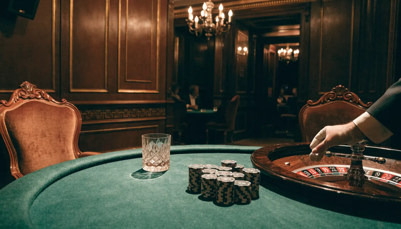 Luxurious London high-roller private casino lounge with chips and roulette