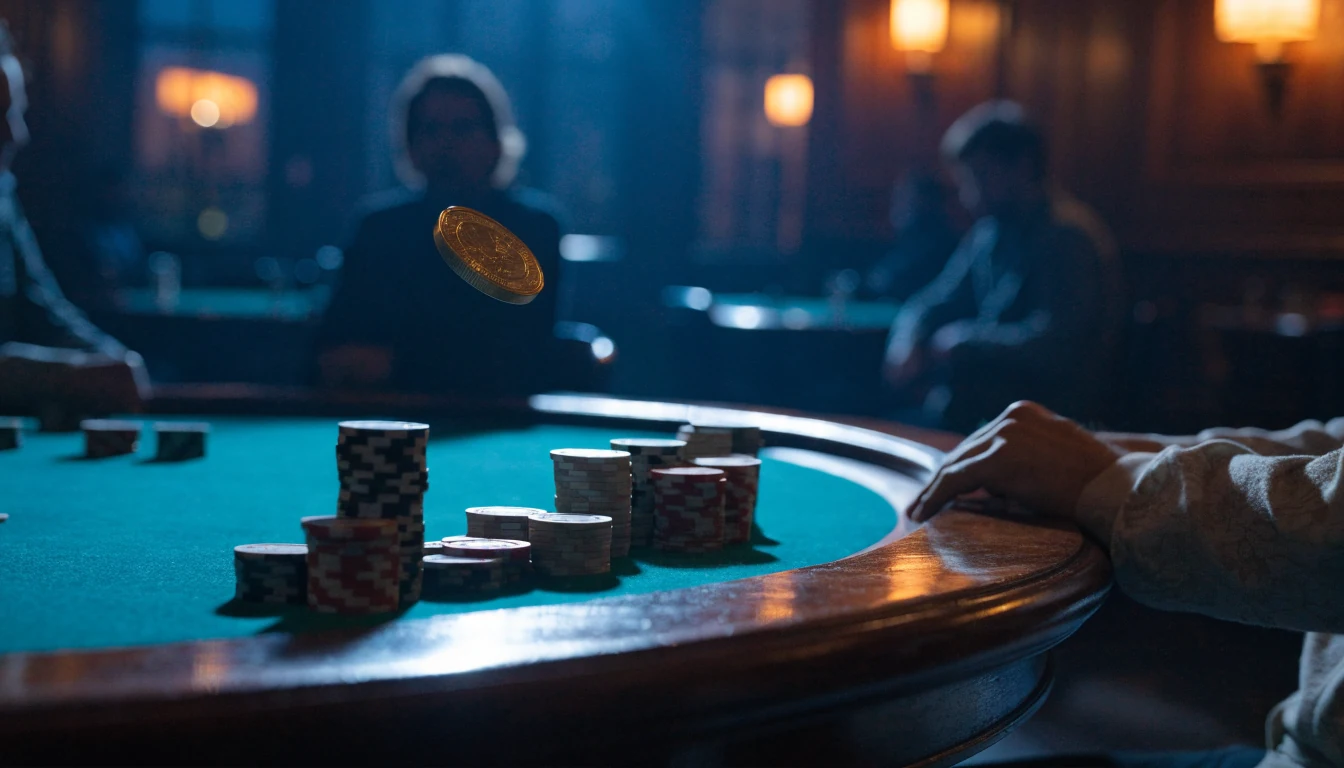 Dramatic UK casino scene with chips and a flying golden coin on a mahogany table under moody lighting.