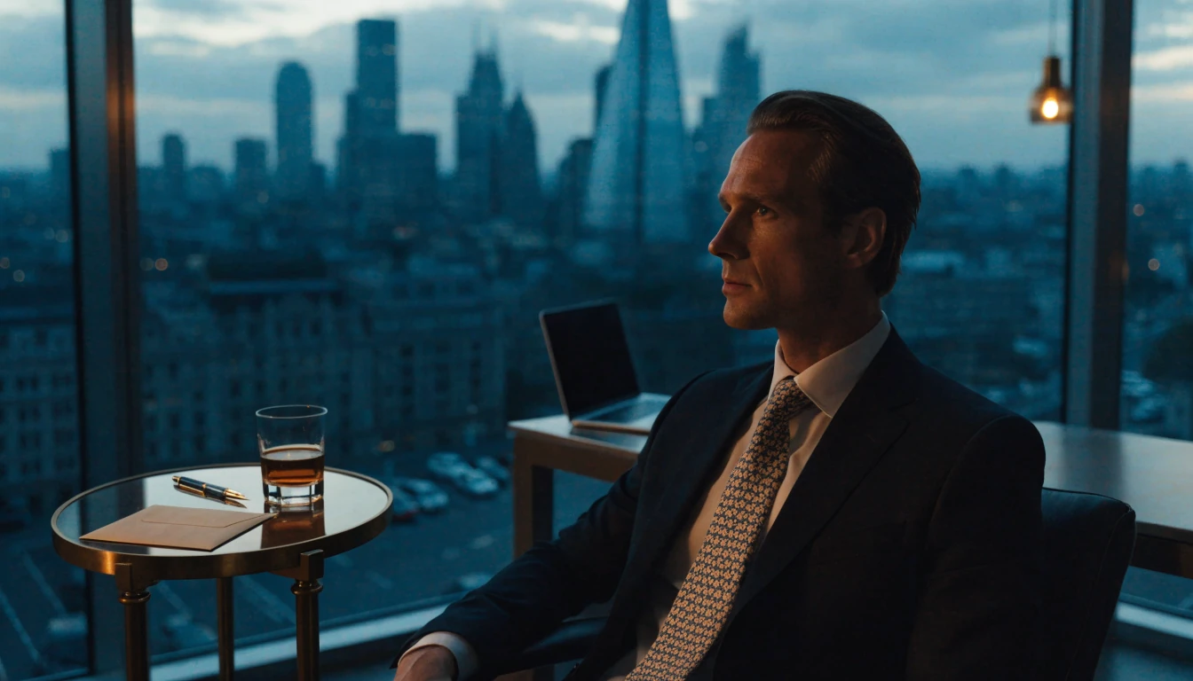 British man at desk with London skyline at dusk, sophisticated mood