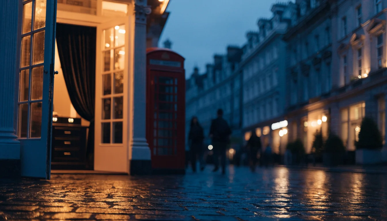 Stylish Mayfair London venue facade at dusk with warm amber lighting and a red telephone box.