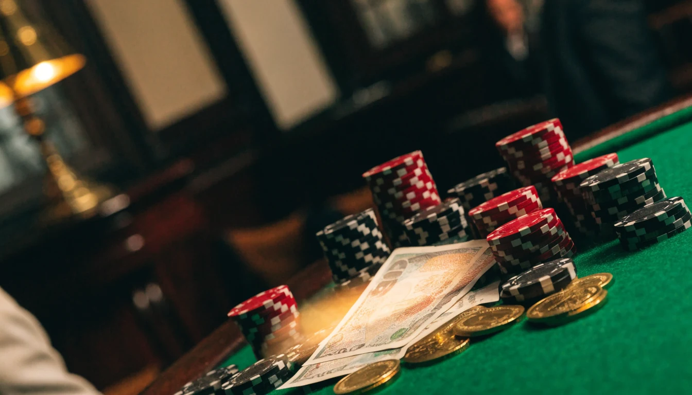 British pounds, gold coins and poker chips on a casino table with motion-blur light suggesting instant payout.
