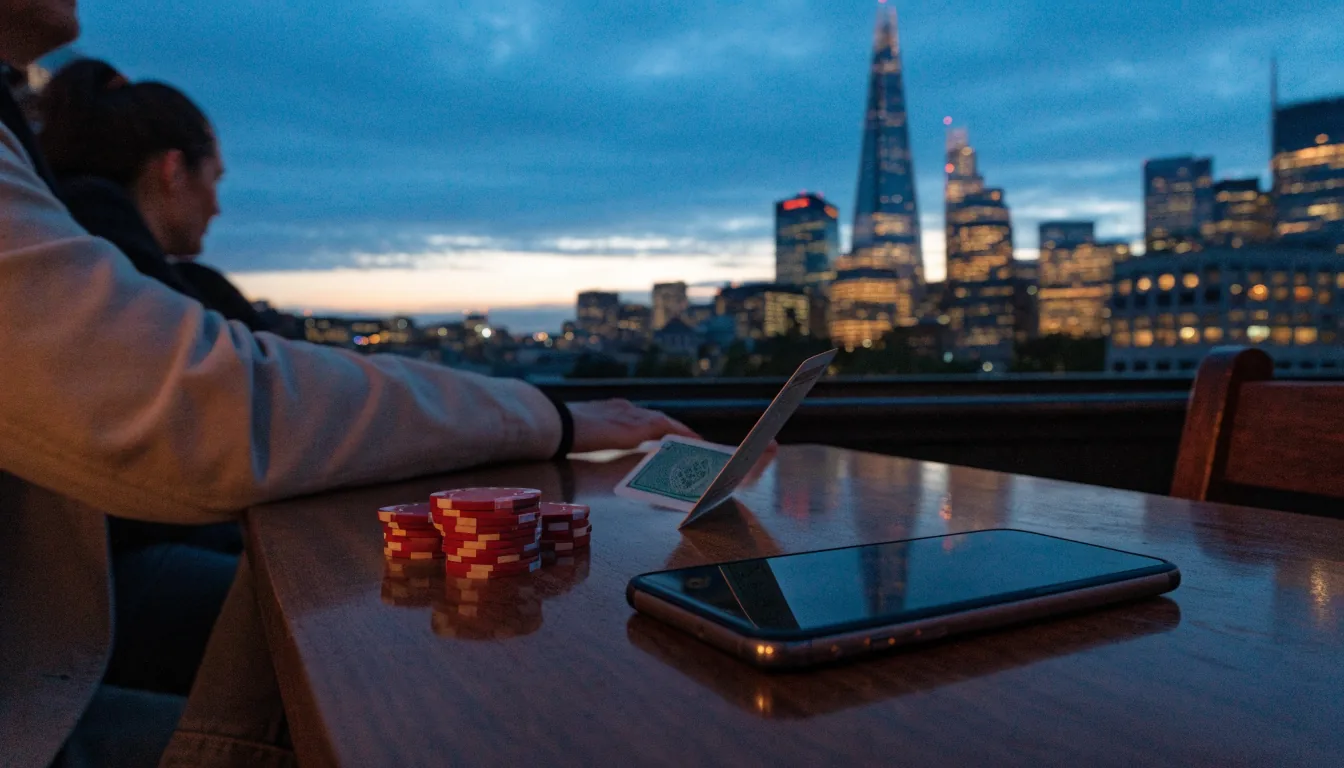 London skyline at dusk with casino chips on a rooftop table