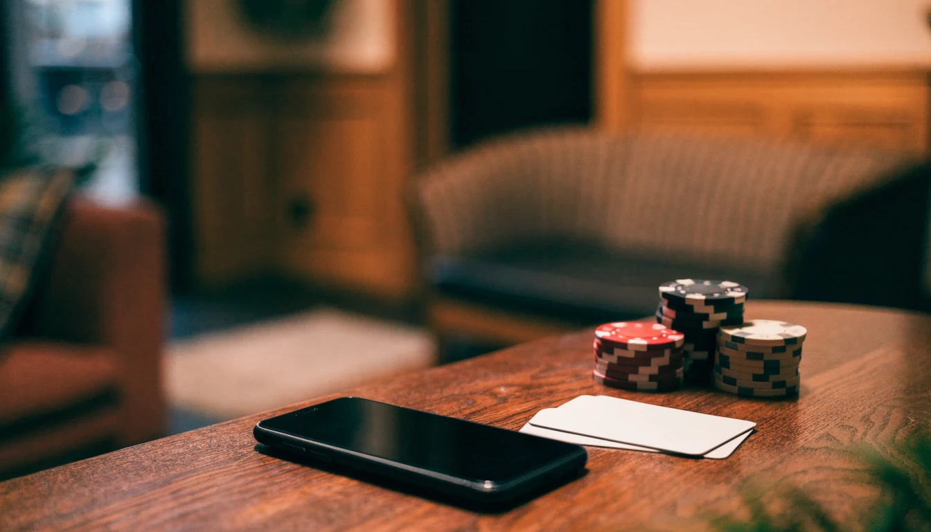 Smartphone on wooden table with casino chips and playing cards in a UK lounge.