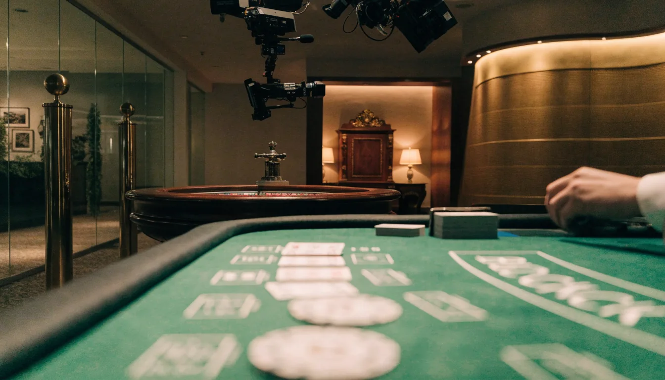 Elegant live casino studio with a blackjack table and roulette wheel