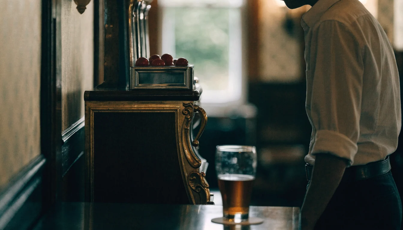 British pub corner with a vintage slot machine and pint of ale