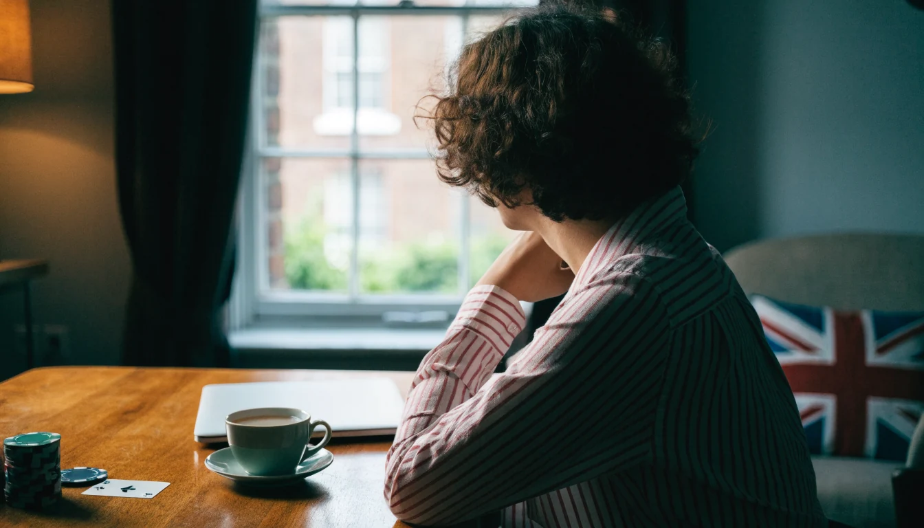 Person at a London flat table with chips, a card, and tea