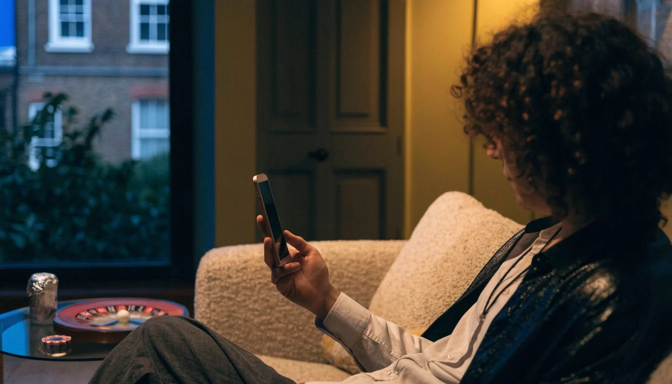 Person in UK apartment using a smartphone near a roulette wheel