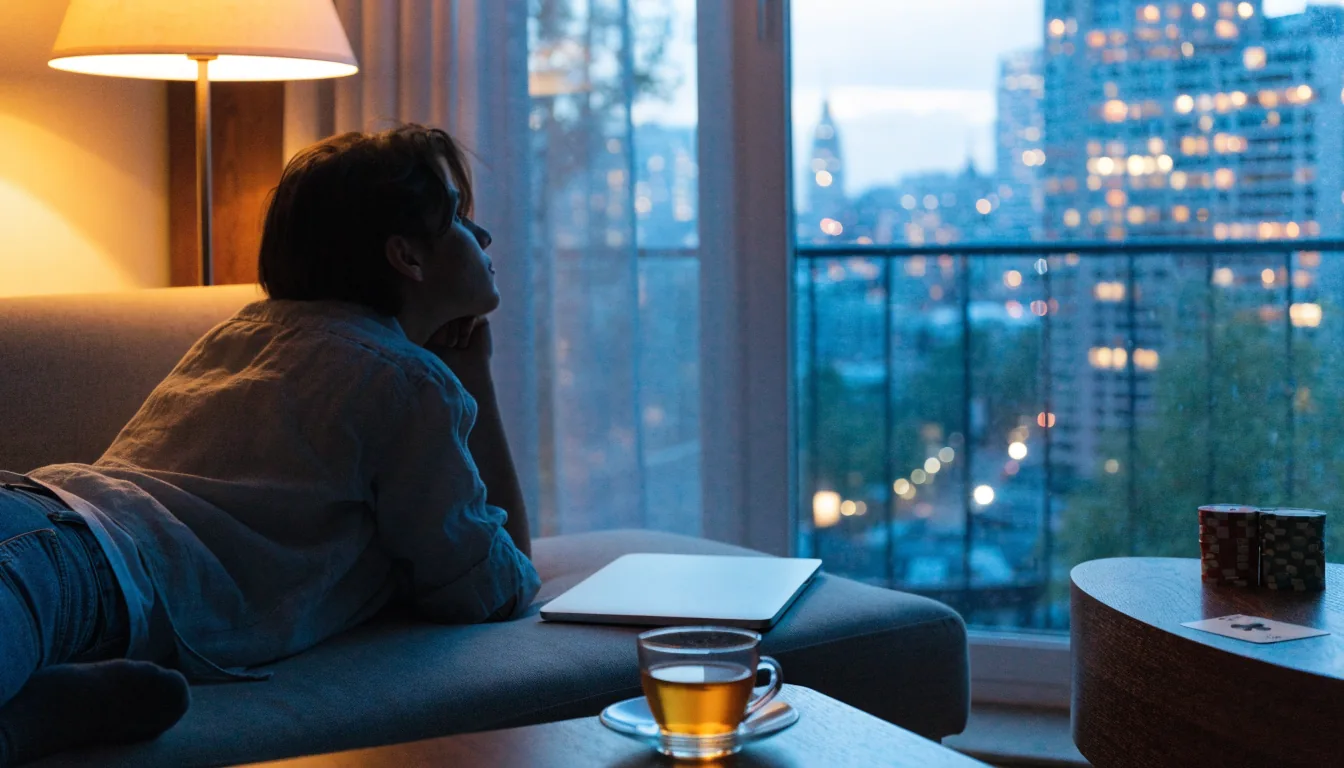 Cozy London apartment scene with poker chips and a closed laptop at dusk