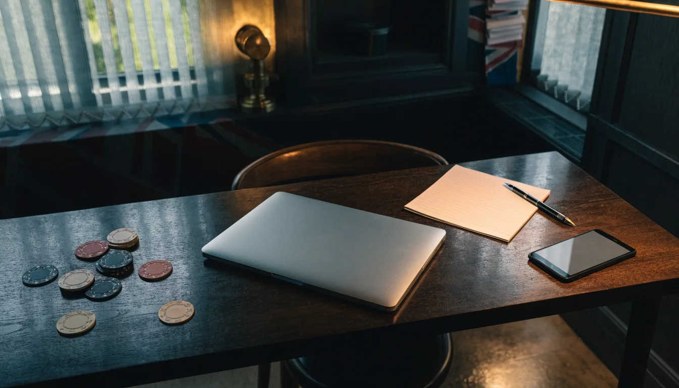 Closed devices and casino chips on a refined British editorial desk