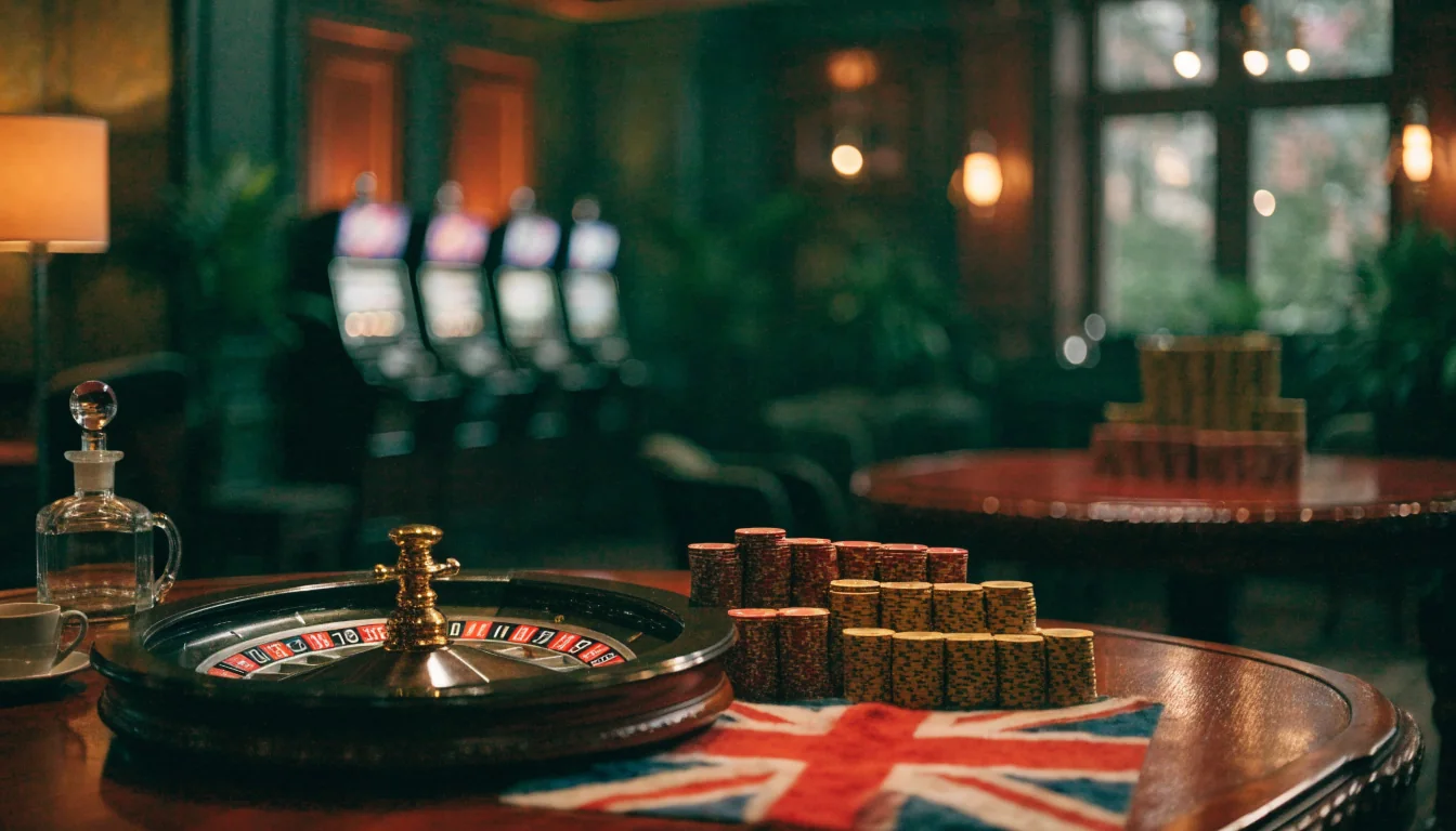 Stylized British casino lounge with roulette wheel and poker chips, 2026 setting