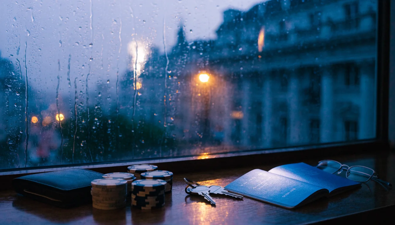 London skyline at dusk behind a desk with passport, poker chips, and wallet
