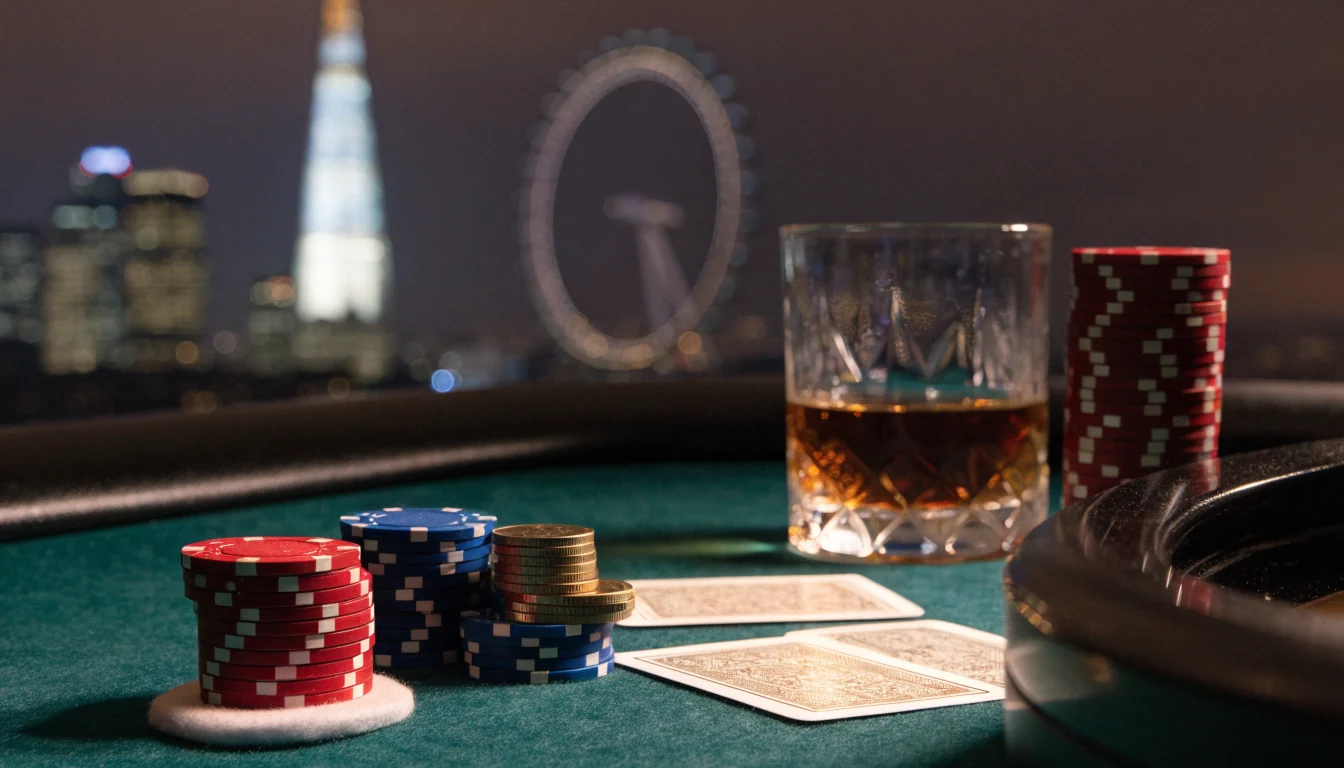 Casino chips, roulette wheel, whisky, and cards on a felt table with London skyline at night.