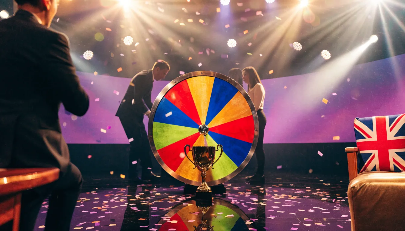 Colorful game show studio with a large prize wheel and stage lighting