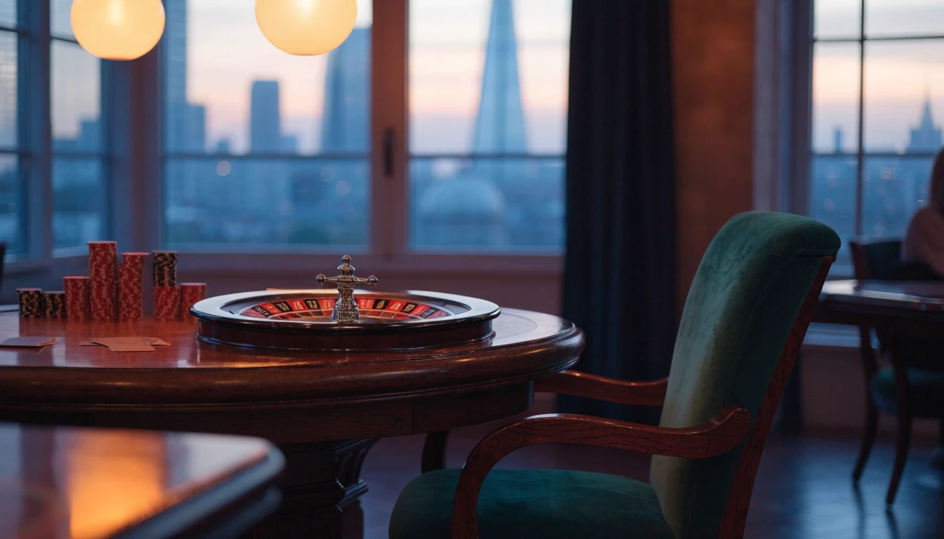 Elegant British casino lounge with roulette wheel and chips at dusk