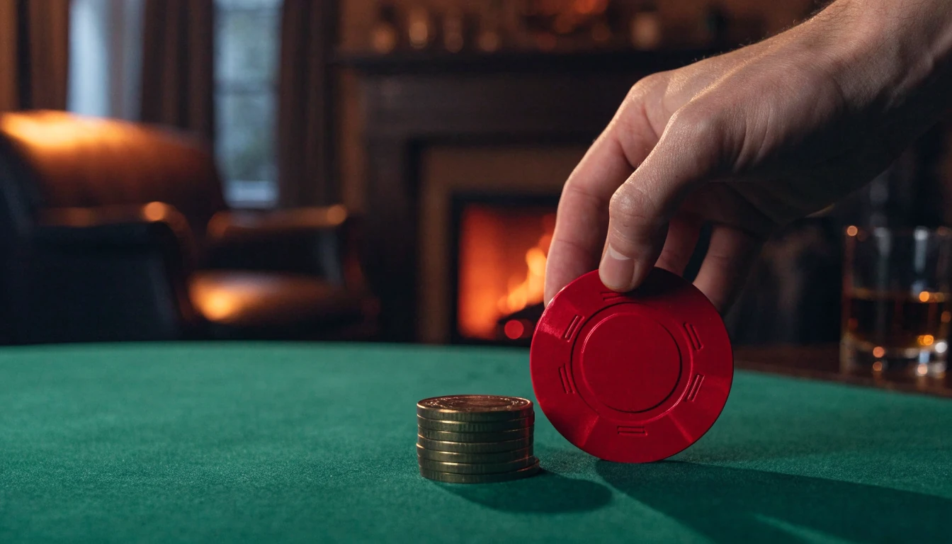 Red casino chip on a green felt table with gold coins in a British club setting