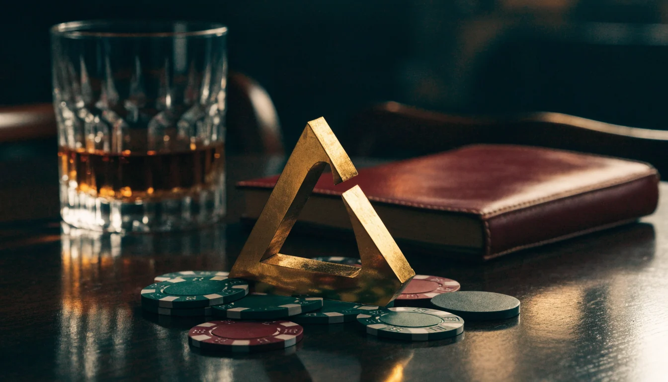 Golden lucky seven and casino chips on dark wood with whisky glass, UK lounge atmosphere
