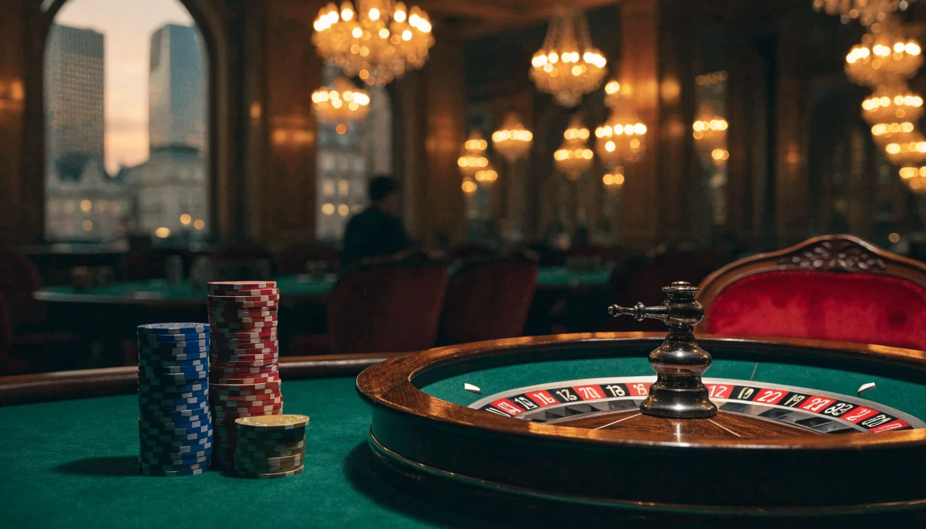 British casino lounge with roulette wheel and colorful chips on green felt table