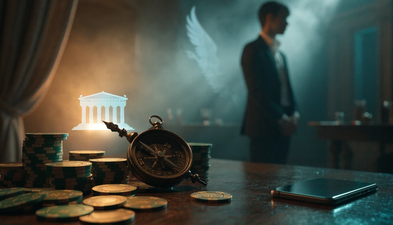 Casino chips, a glowing temple, and a Pegasus motif on a wooden British lounge table