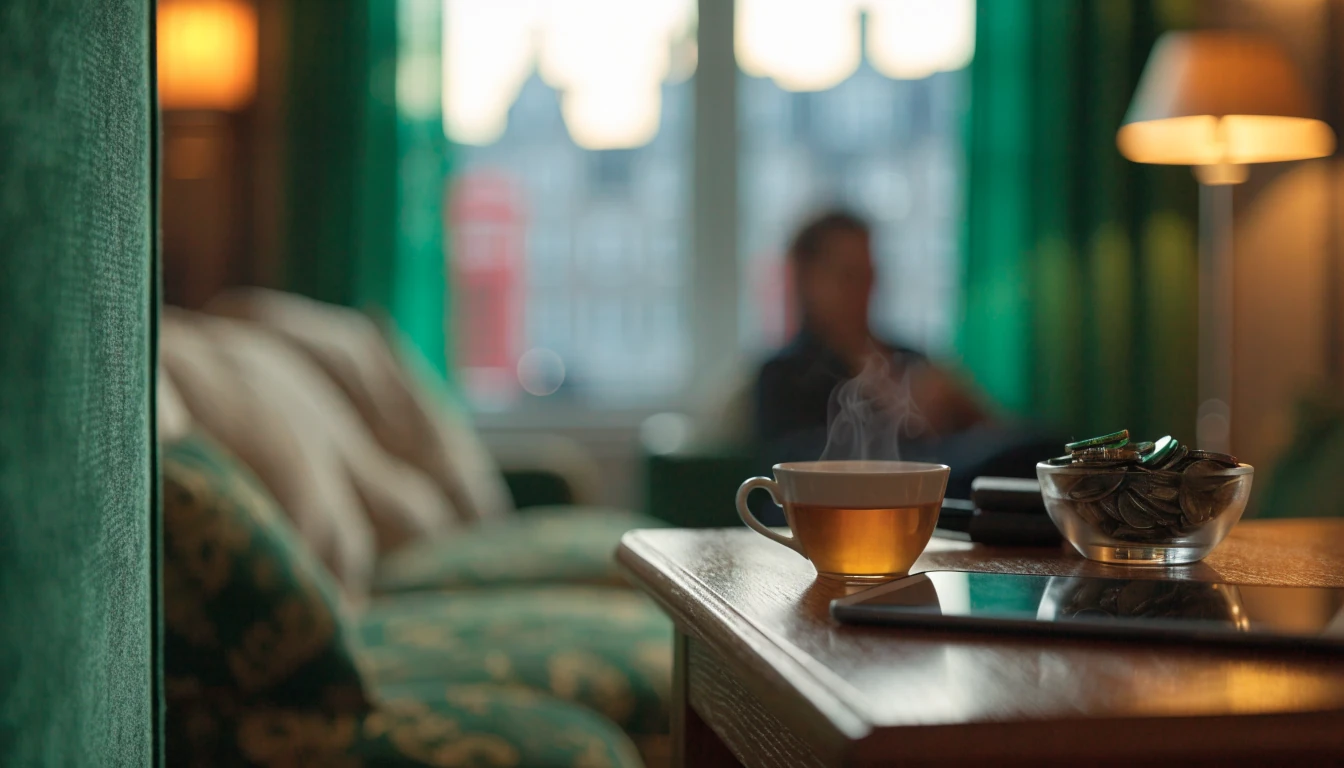 Cozy British living room with a face-down smartphone, tea, and gold coins, evoking online casino gaming ambiance.