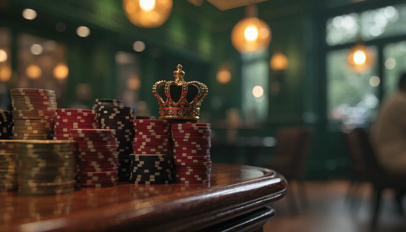 Elegant casino table with stacked chips and a golden crown in warm amber lighting