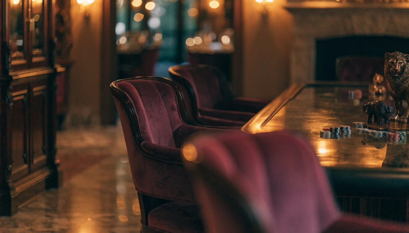 Elegant London casino lounge with warm golden lighting, bronze lion statuette and safari-themed ornaments on a gaming table.