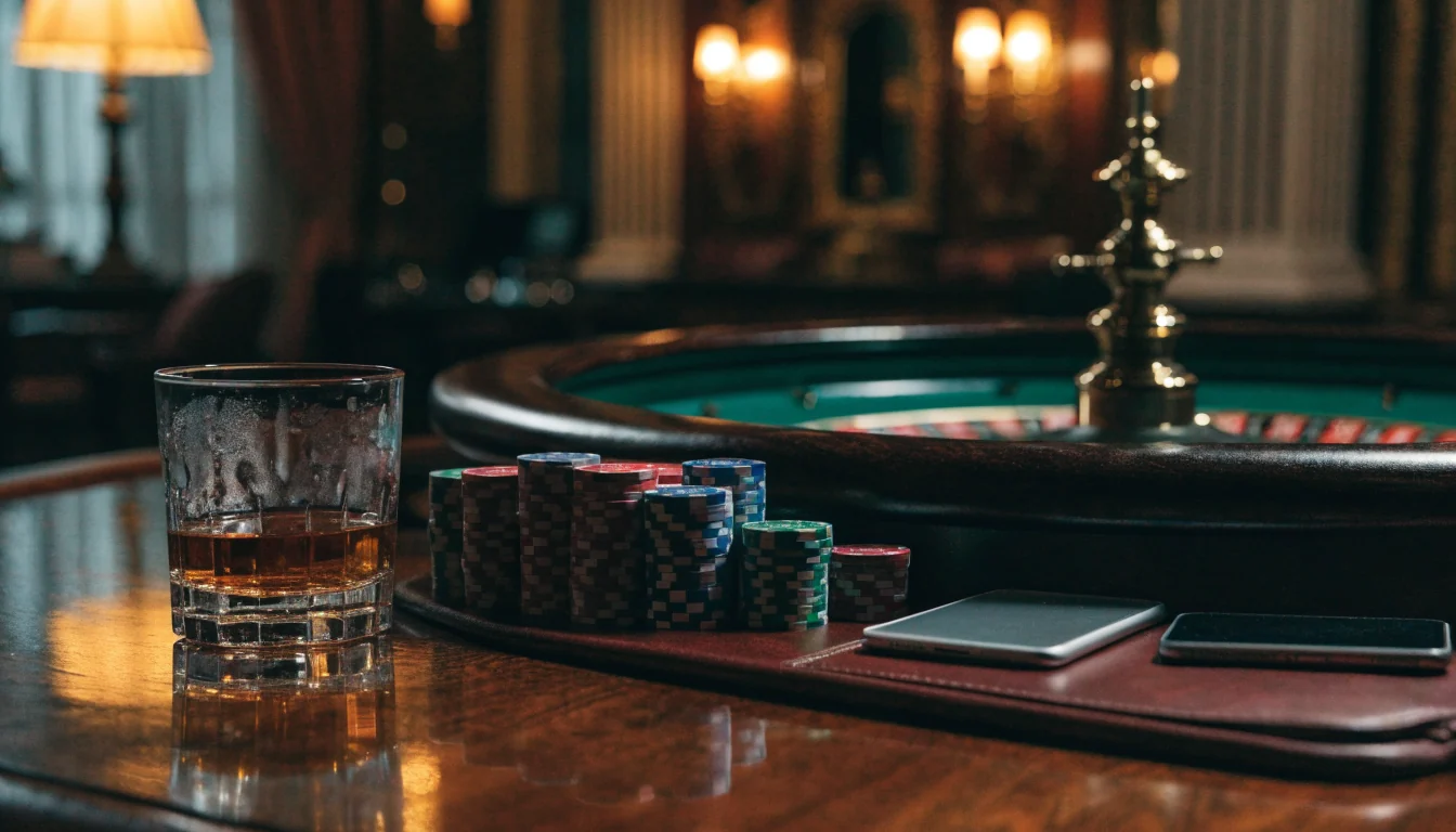Elegant UK casino lounge with stacked chips, roulette wheel, and hidden devices