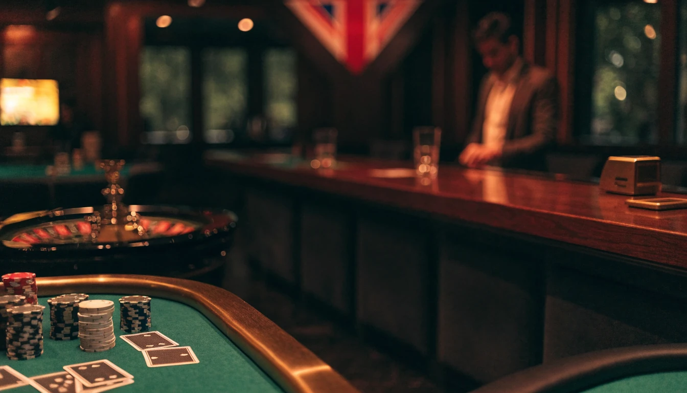 Modern UK casino lounge interior with chips and roulette wheel