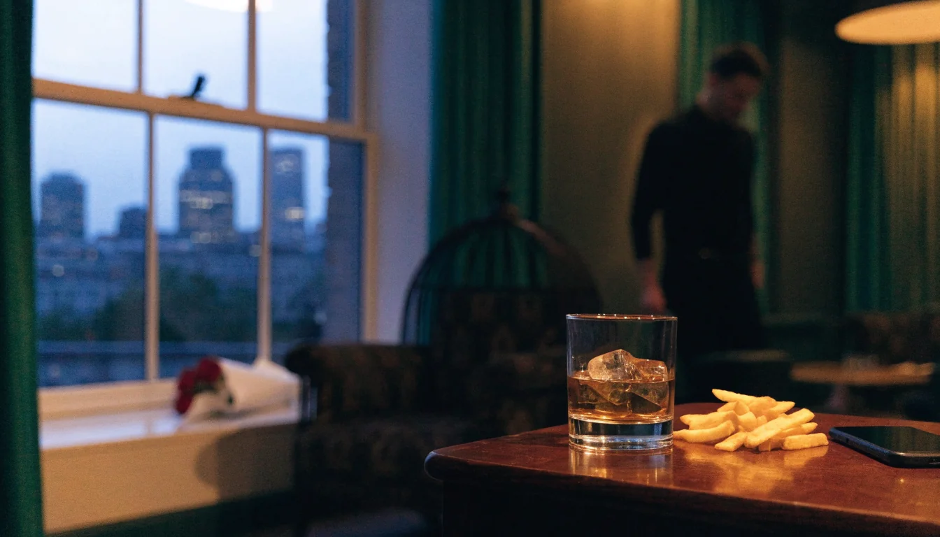 Stylish London lounge scene with whisky, chips, and a face-down phone at dusk