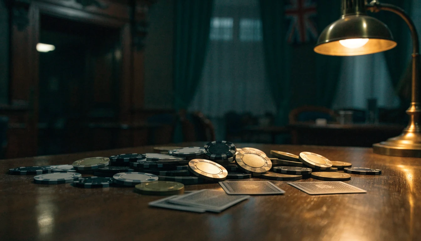 Moody London gaming lounge with chips and cards on a wooden table