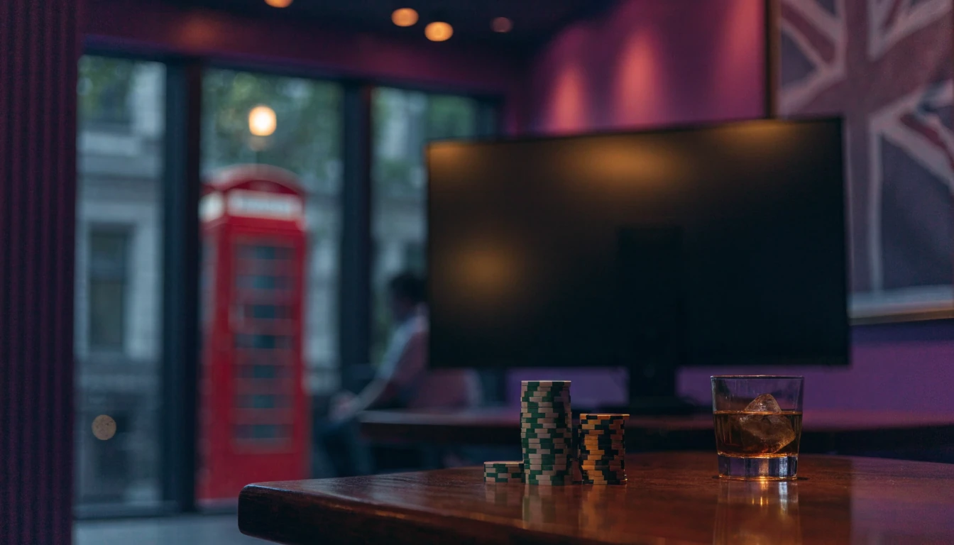 British online casino lounge with chips, whiskey, and turned-away monitor