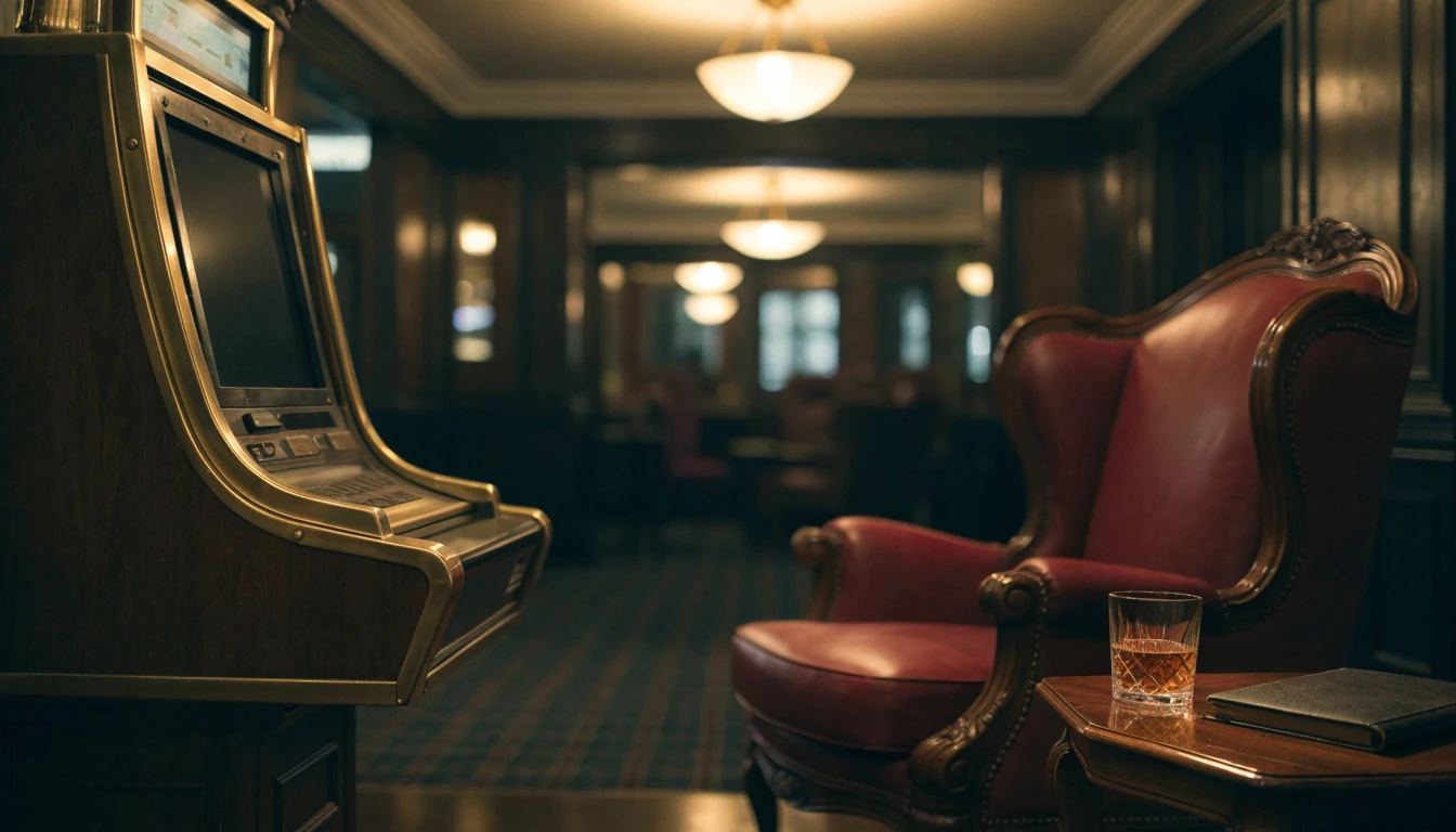 Luxurious British casino lounge featuring a classic slot machine, leather armchair, and a glass of whisky