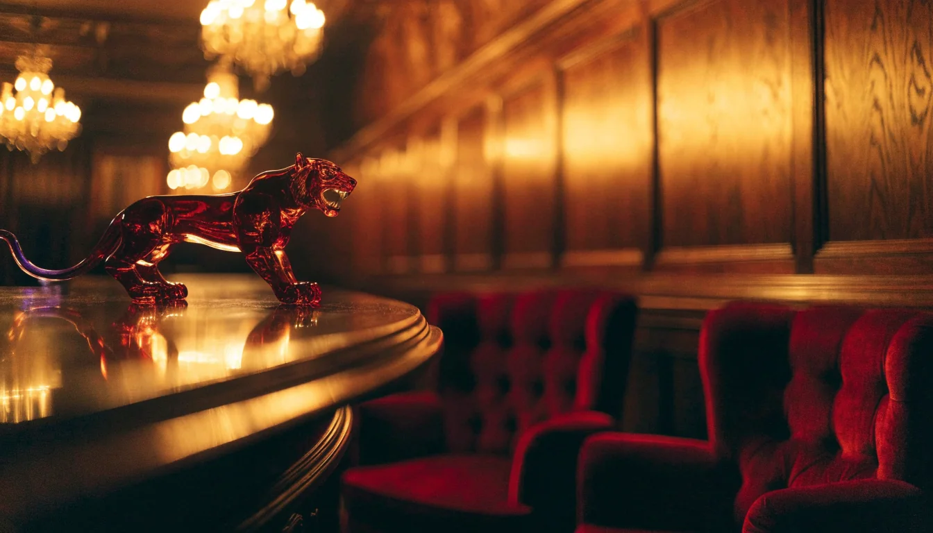 Red glass tiger figurine on a mahogany counter inside a luxurious British casino lounge with warm golden lighting