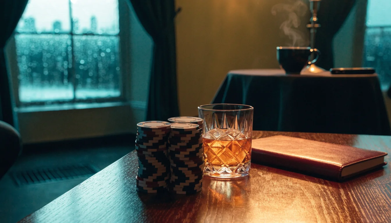 British casino lounge with chips, whisky and face-down phone by rainy window