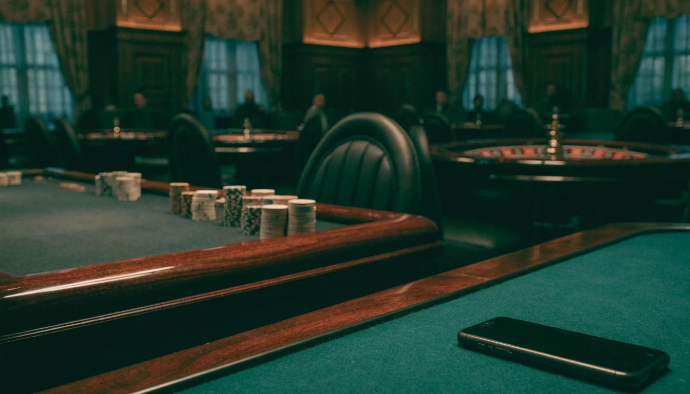 Elegant British casino lounge interior with chips and roulette wheel