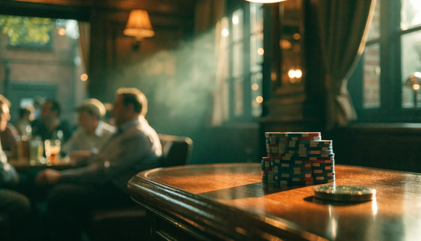 British pub-style gaming lounge with casino chips on a wooden bar counter