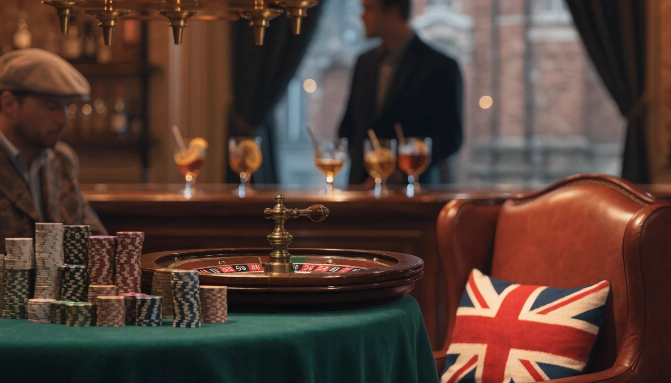 British casino lounge with roulette wheel and chips