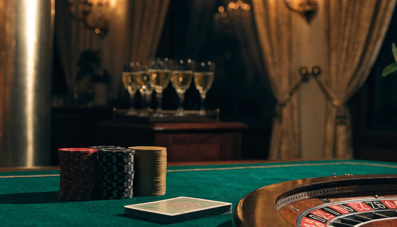 Luxury London casino table with chips, cards, and roulette wheel